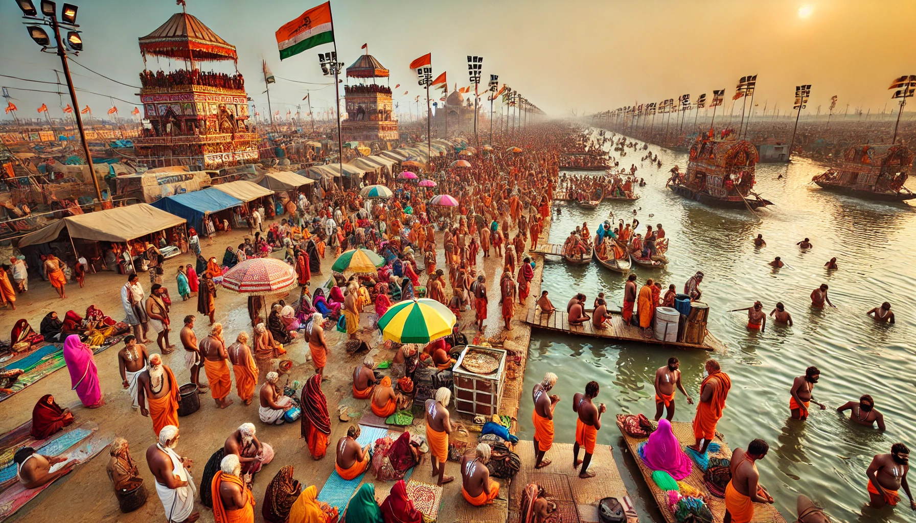 Devotees and sadhus gathered along the sacred river during Maha Kumbh Mela in Uttar Pradesh, with colorful flags, traditional attire, and spiritual rituals.